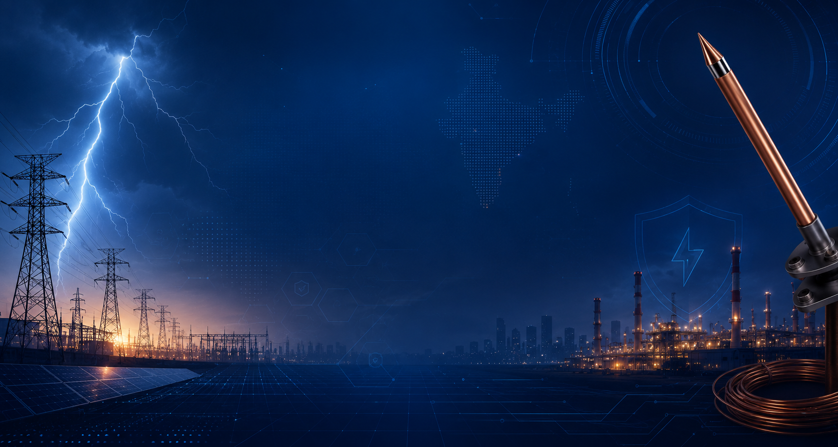 Lightning over India's power grid, solar, refinery and copper earthing systems